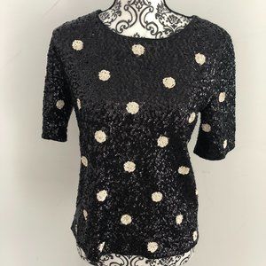 J. Crew sequin t-shirt black w/white polka dots